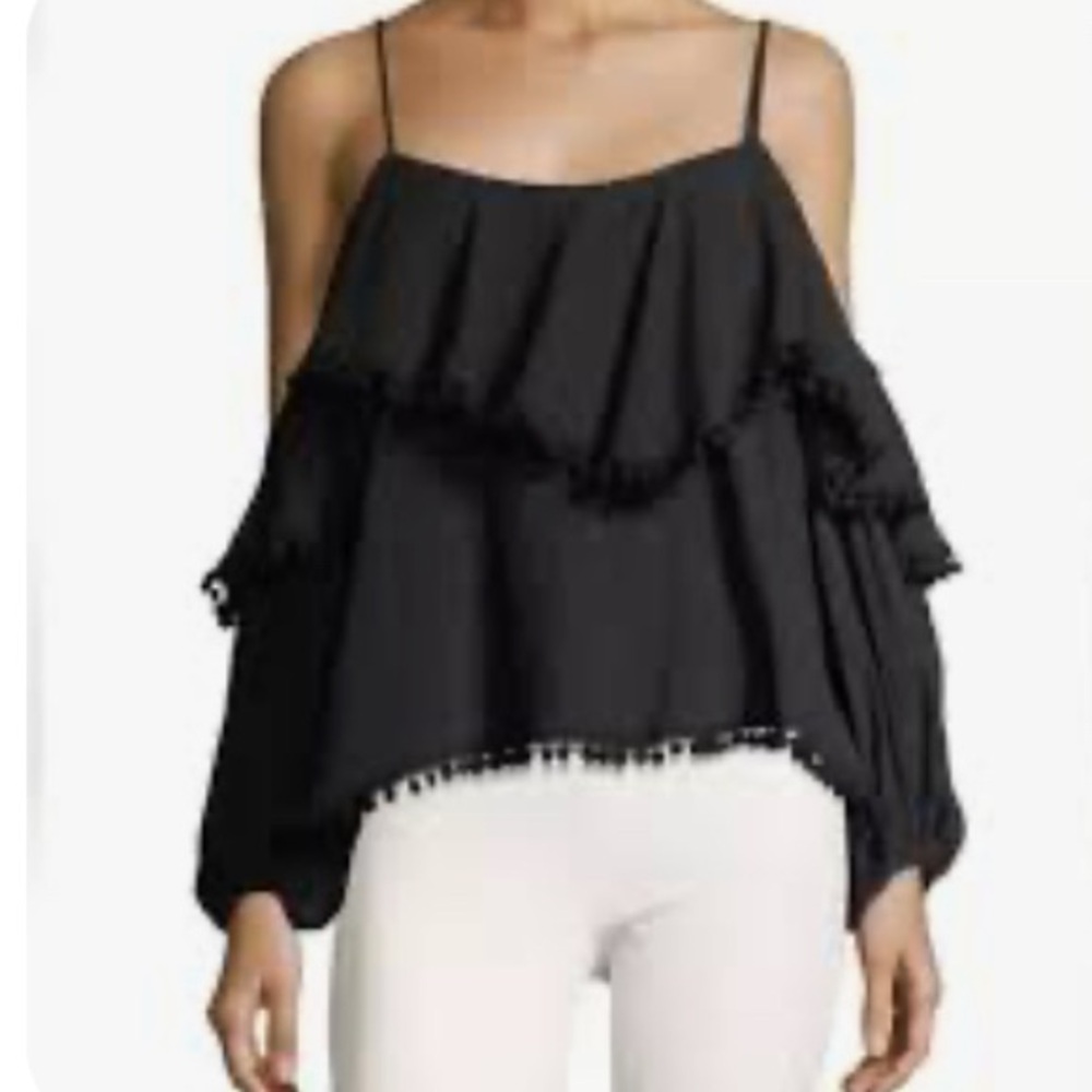 MISA- NEW- Billowy Boho Blouse with Pom Pom Trim and Cold Shoulder Sleeves